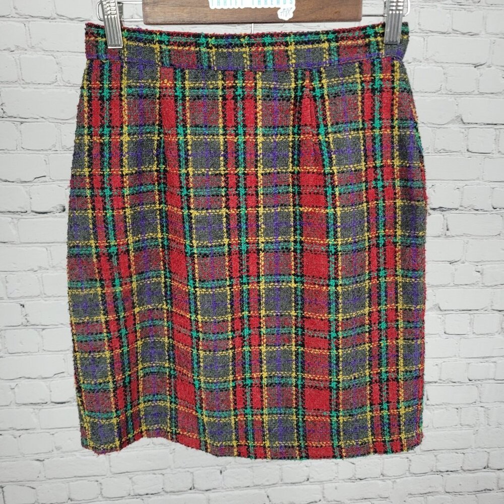 VTG Rampage Plaid Wool Blend Back Slit Unlined Straight Skirt USA Made Size 5
